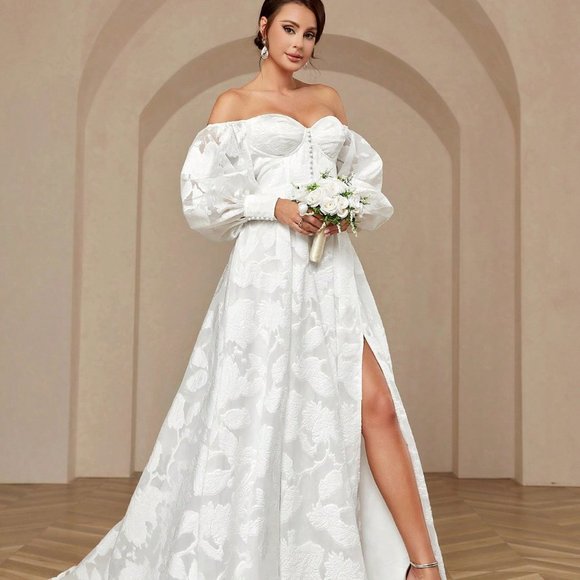 White Wedding Fishbone Single Shoulder Split Breasted Long Lantern Sleeve Dress - Picture 3 of 5